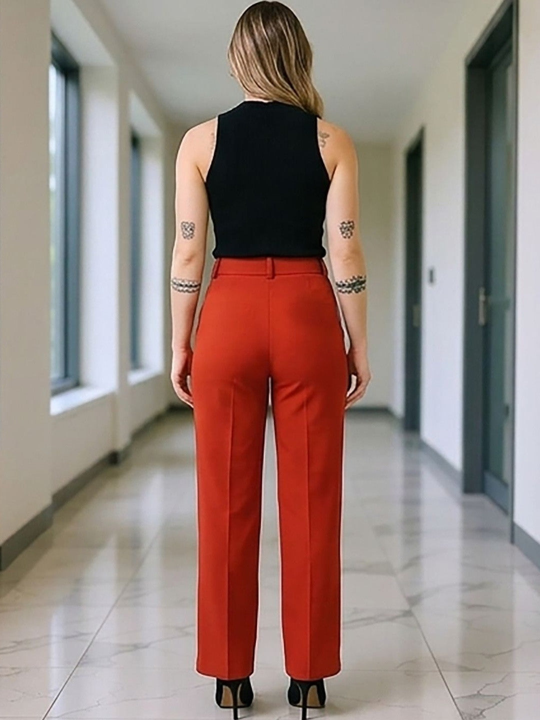 Rust Regular Fit High-Rise Trousers for Women – Chic Solid Design | Kotty