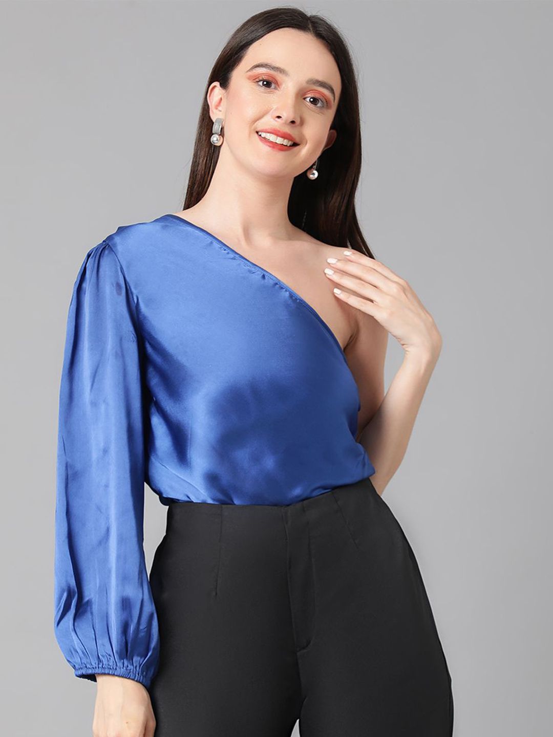 Kotty Women One Shoulder Bishop Sleeves Satin Top