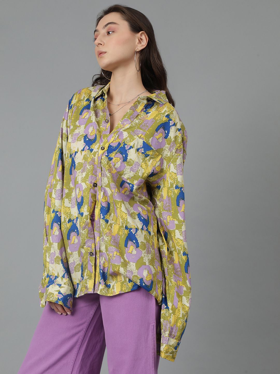 Kotty Women Spread Collar Abstract Printed Cotton Oversized Casual Shirt