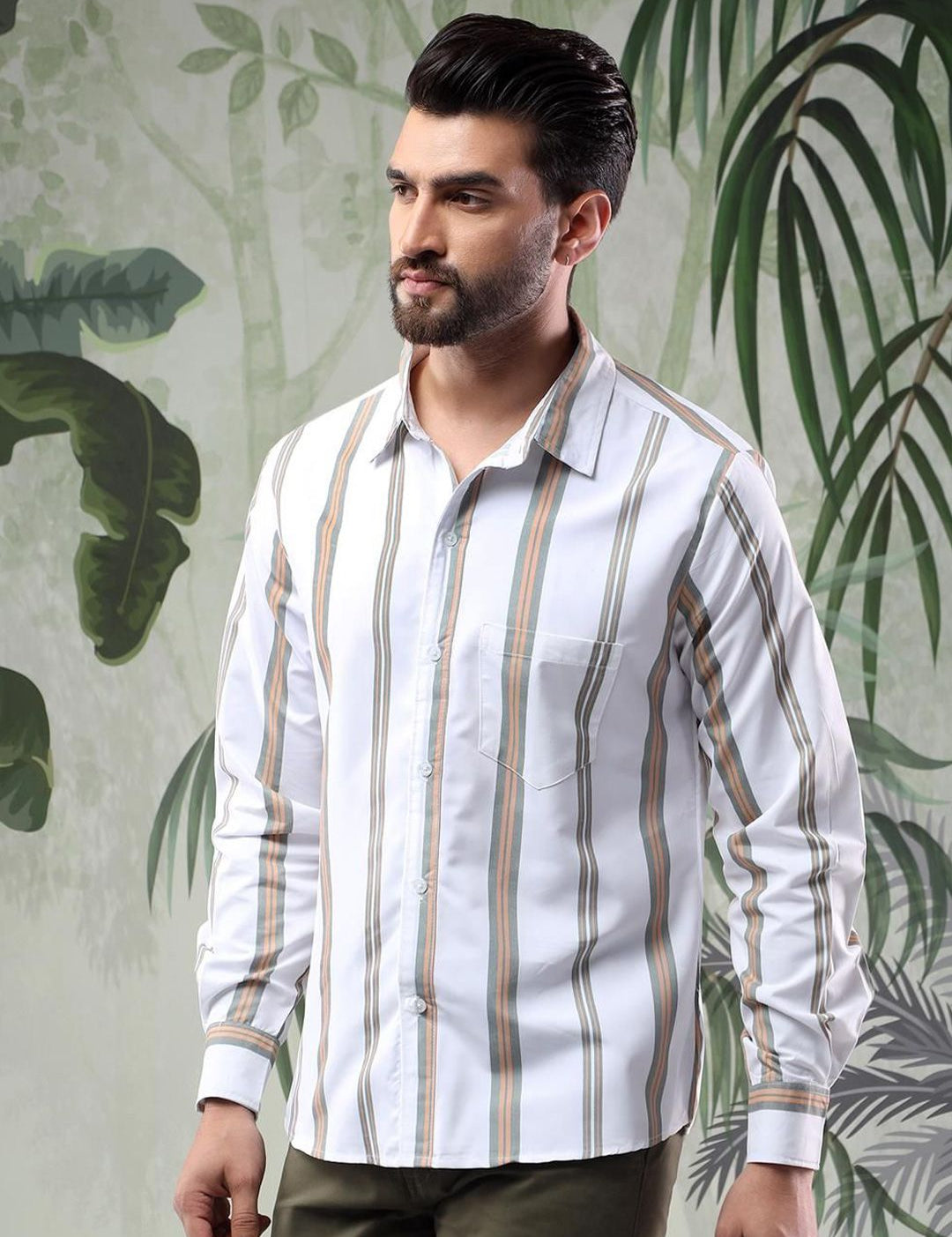 Kotty Men Spread Collar Vertical Striped Casual Shirt