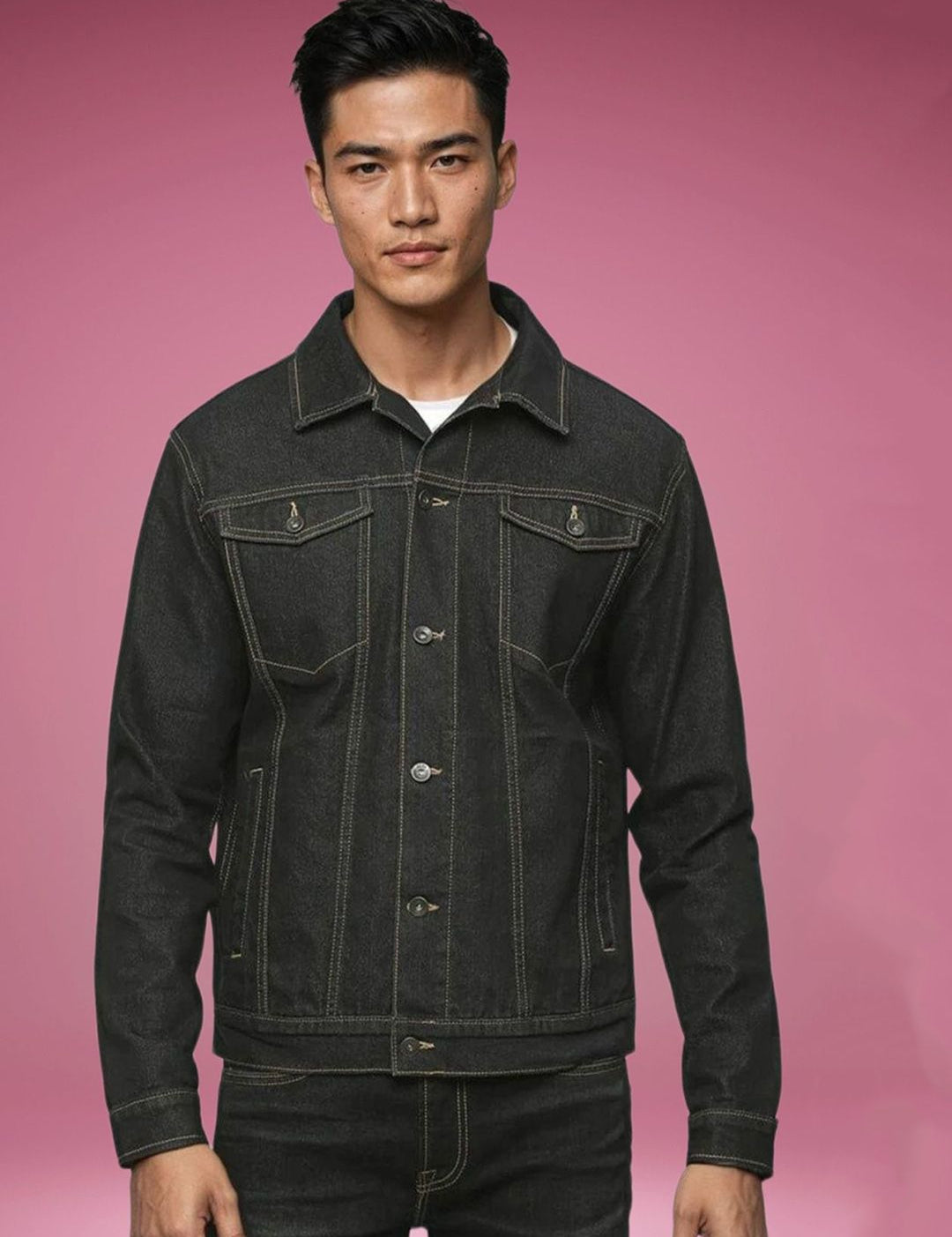 Kotty Men Spread Collar Solid Denim Jacket