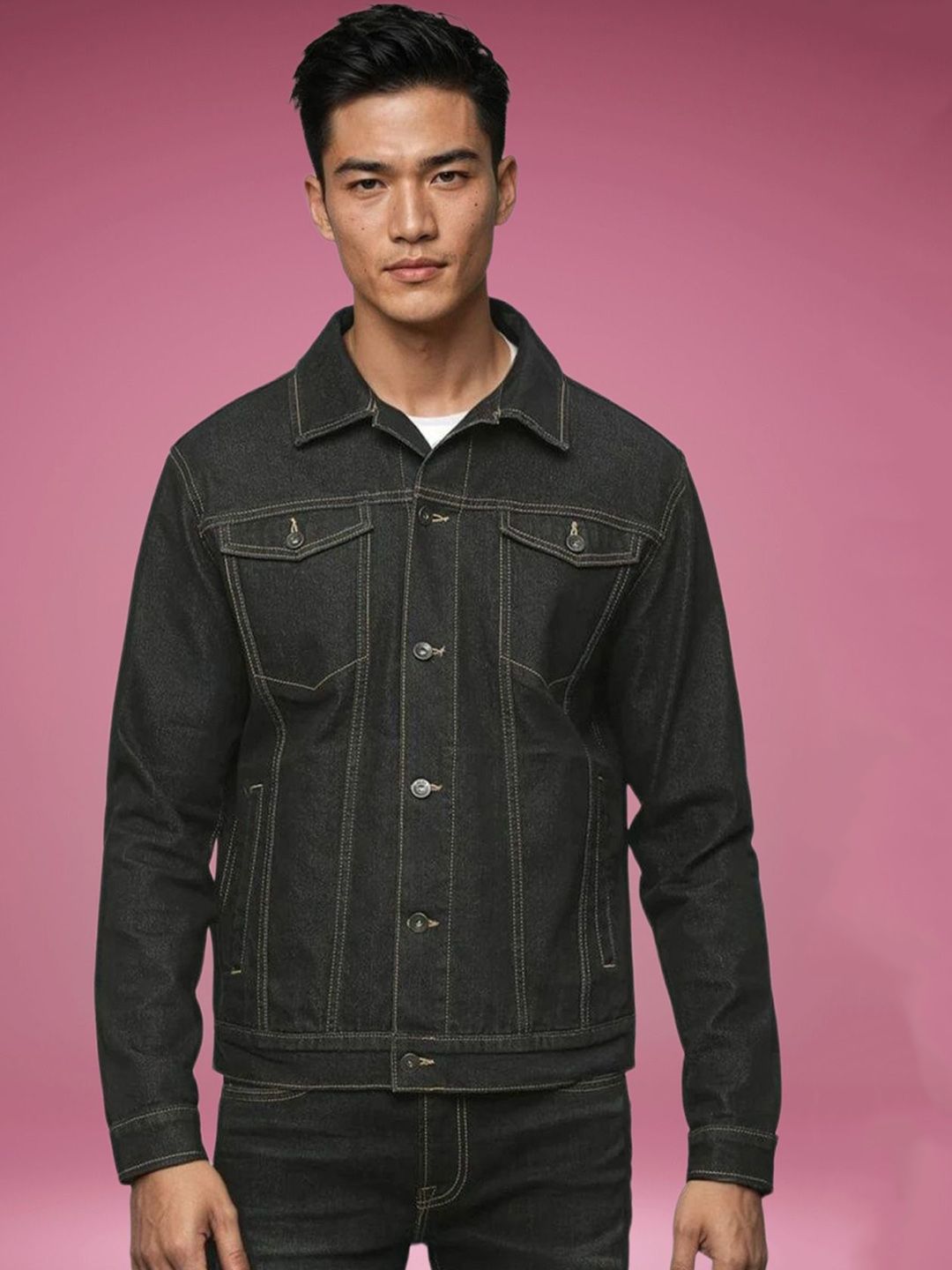 Kotty Men Spread Collar Solid Denim Jacket