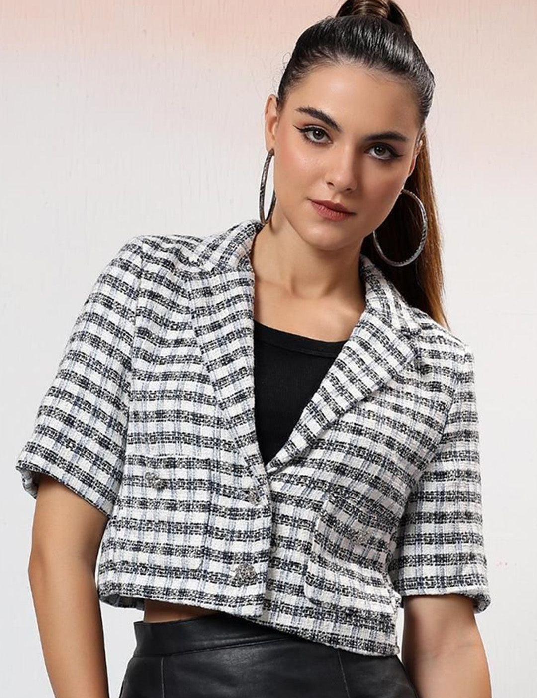 Kotty Checked Notched Lapel Single Breasted Crop Blazer