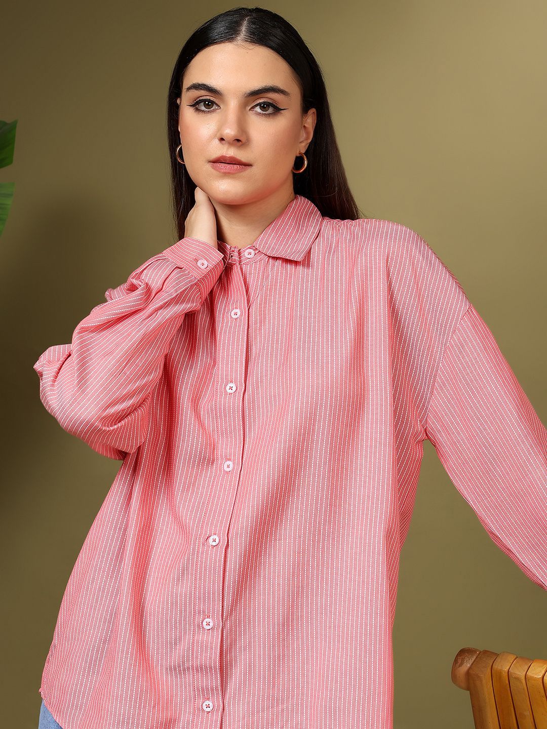 Kotty Women Relaxed Fit Spread Collar Vertical Striped Cotton Casual Shirt