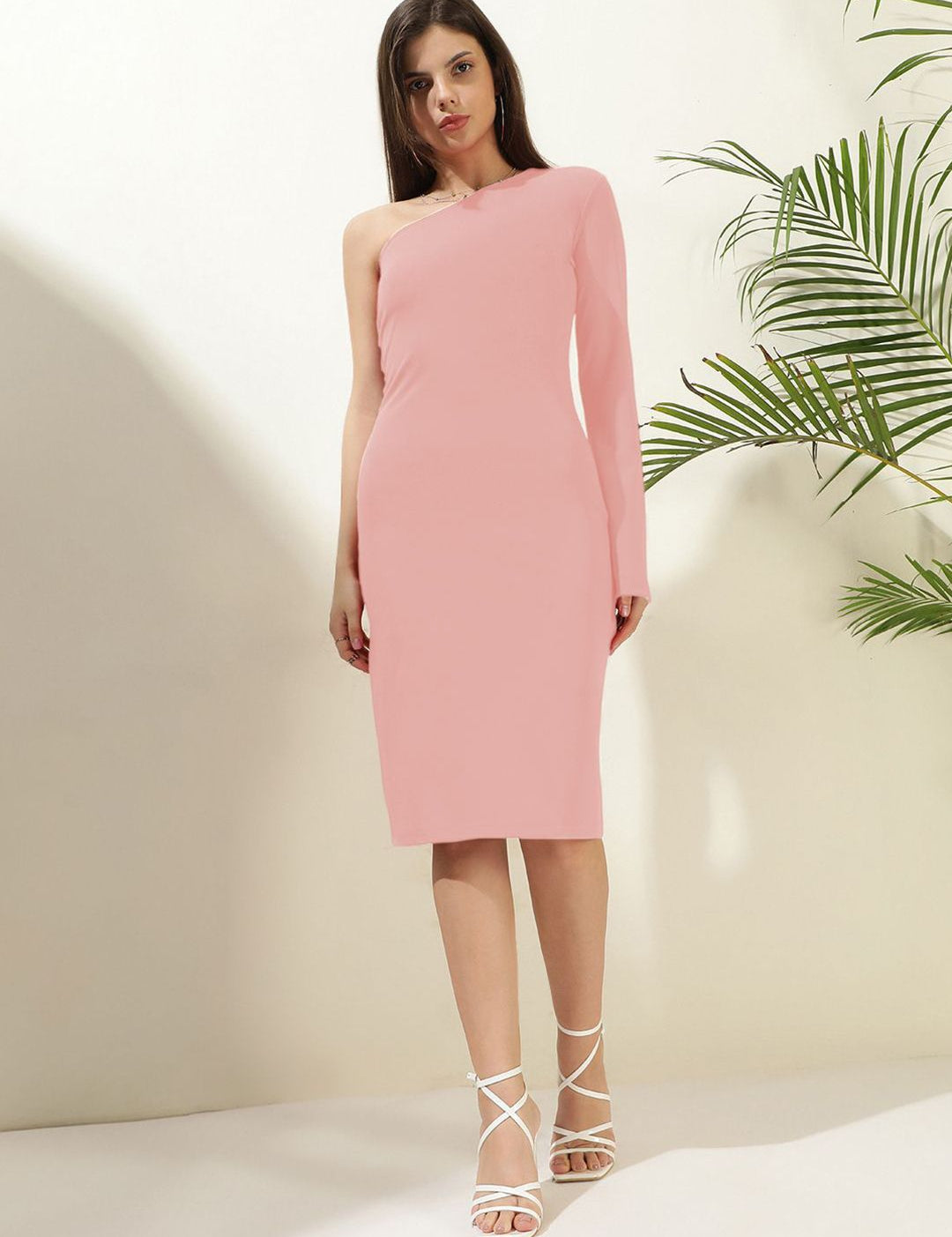 Kotty Solid One Shoulder Bodycon Knee Length Dress