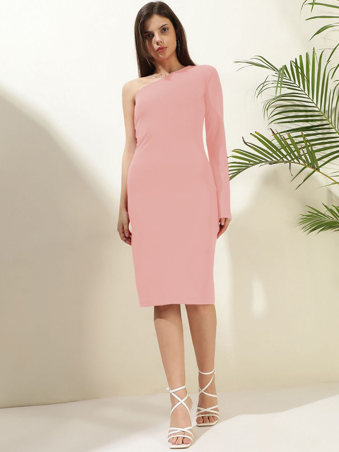 Kotty Solid One Shoulder Bodycon Knee Length Dress