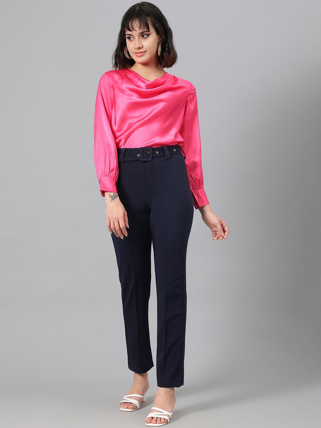 Kotty Women Navy Blue Relaxed Straight Leg Fit High-Rise Easy Wash Trousers