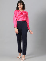 Kotty Women Navy Blue Relaxed Straight Leg Fit High-Rise Easy Wash Trousers