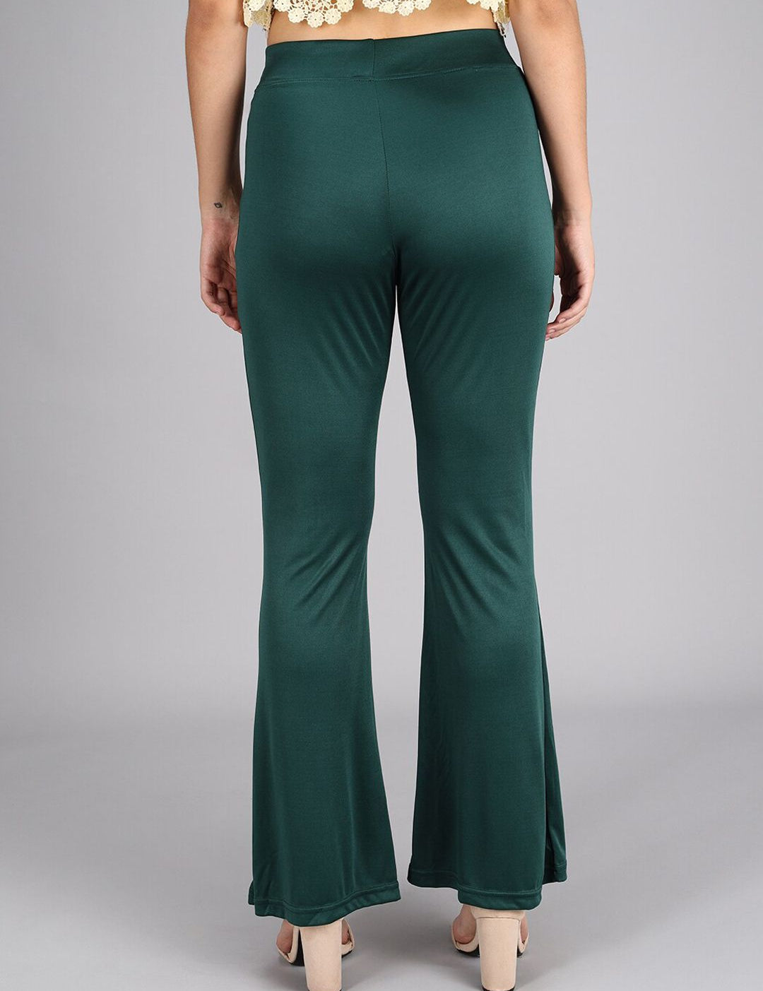 Kotty Women Olive Green Flared High-Rise Bootcut Trousers