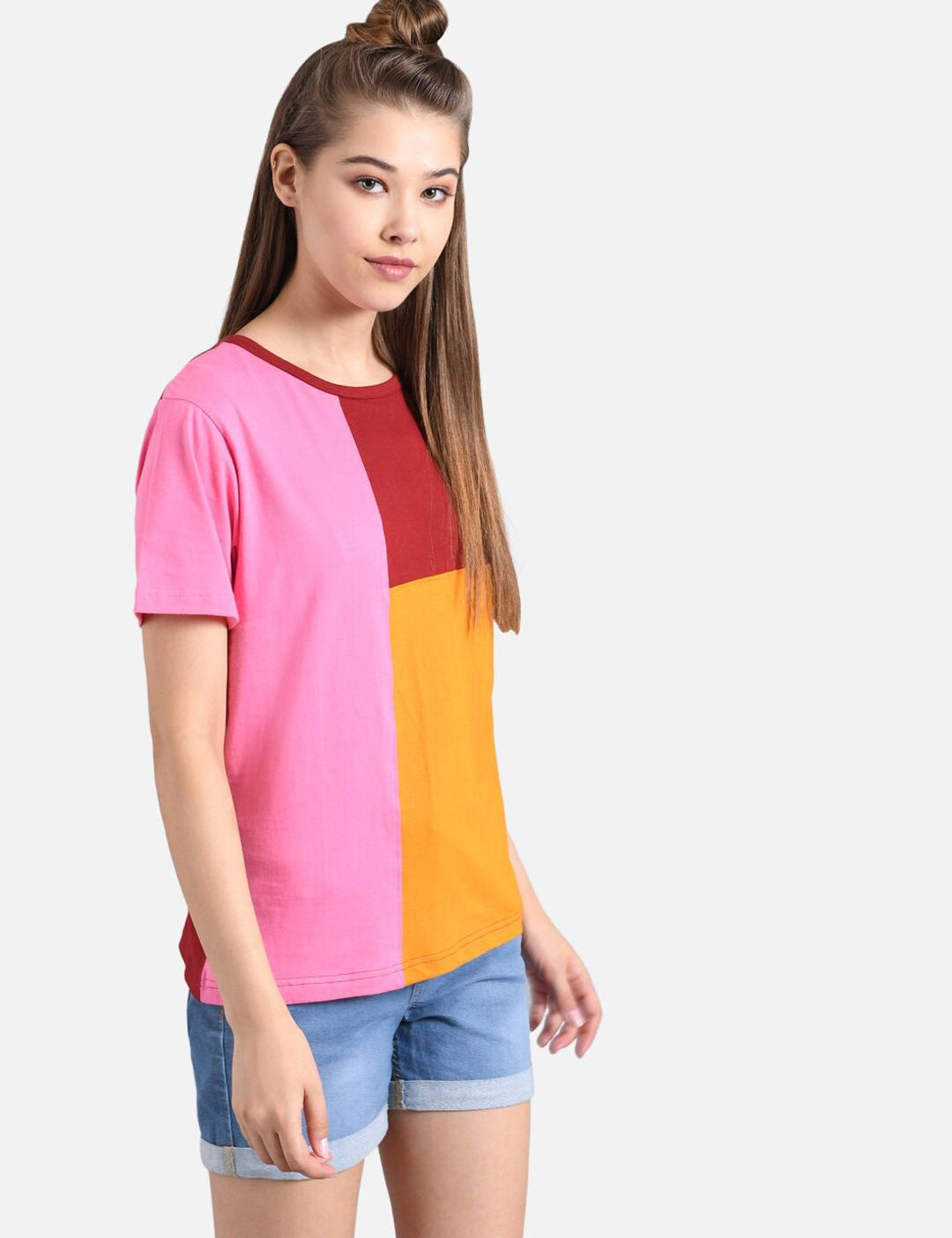 Kotty Women Red & Pink Colourblocked Round Neck T-shirt