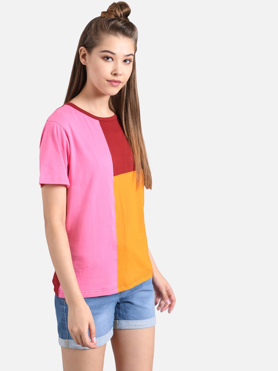 Kotty Women Red & Pink Colourblocked Round Neck T-shirt