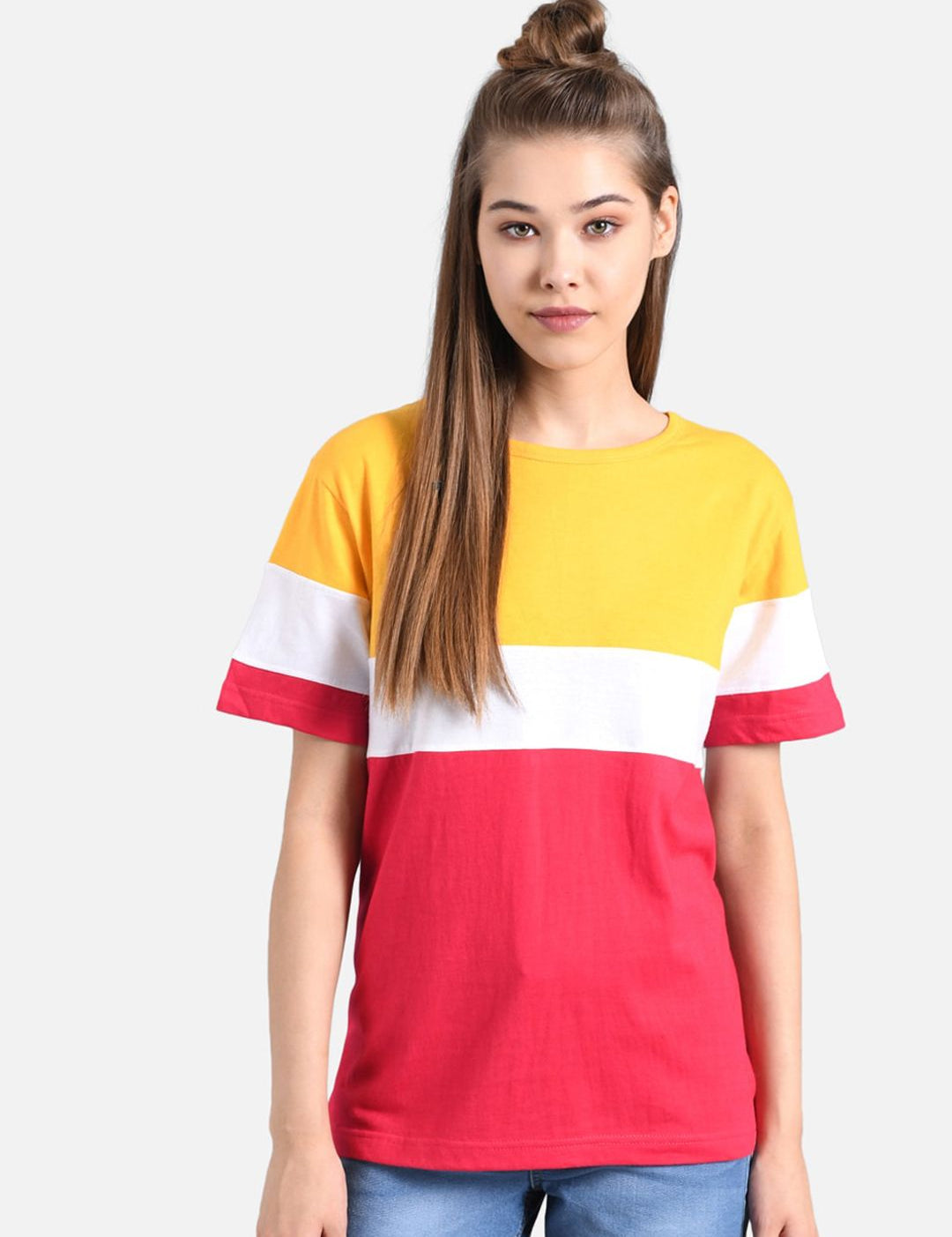 Kotty Women Yellow Colourblocked Round Neck T-shirt