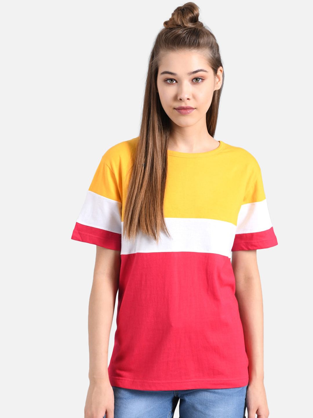 Kotty Women Yellow Colourblocked Round Neck T-shirt