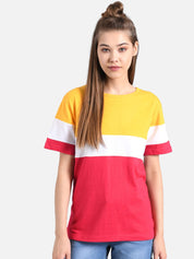 Kotty Women Yellow Colourblocked Round Neck T-shirt