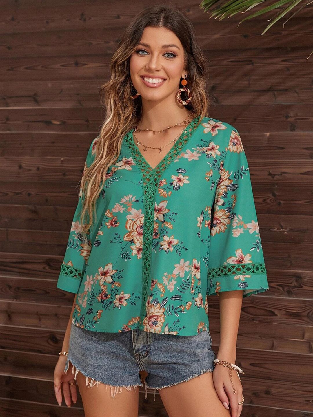 Kotty Green Floral Print Crepe Top
