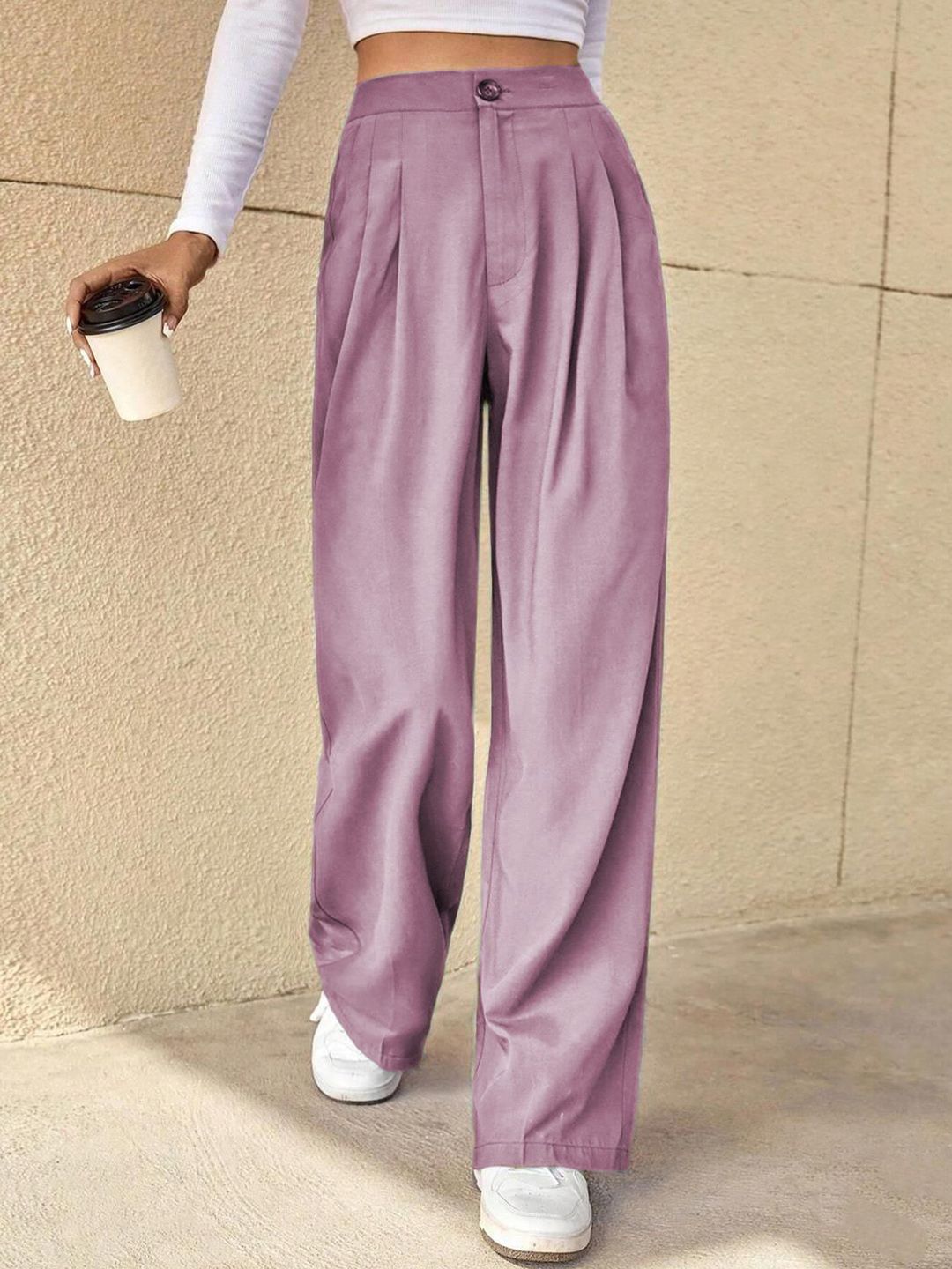 KOTTY BIZwear Women Straight Fit High-Rise Easy Wash Pleated Trousers