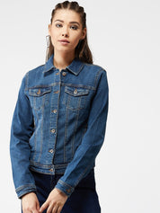 Kotty Women Navy Blue Solid Denim Jacket