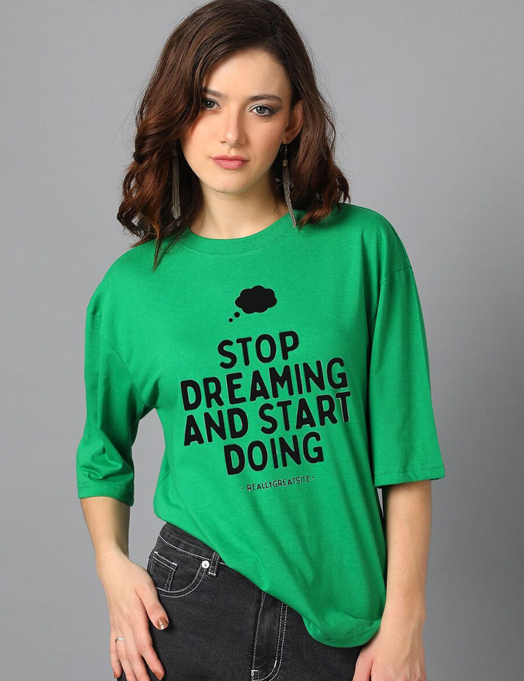 Kotty Green Typography Printed Oversized T-shirt