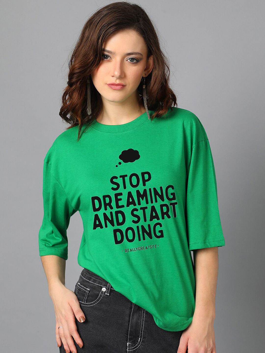 Kotty Green Typography Printed Oversized T-shirt