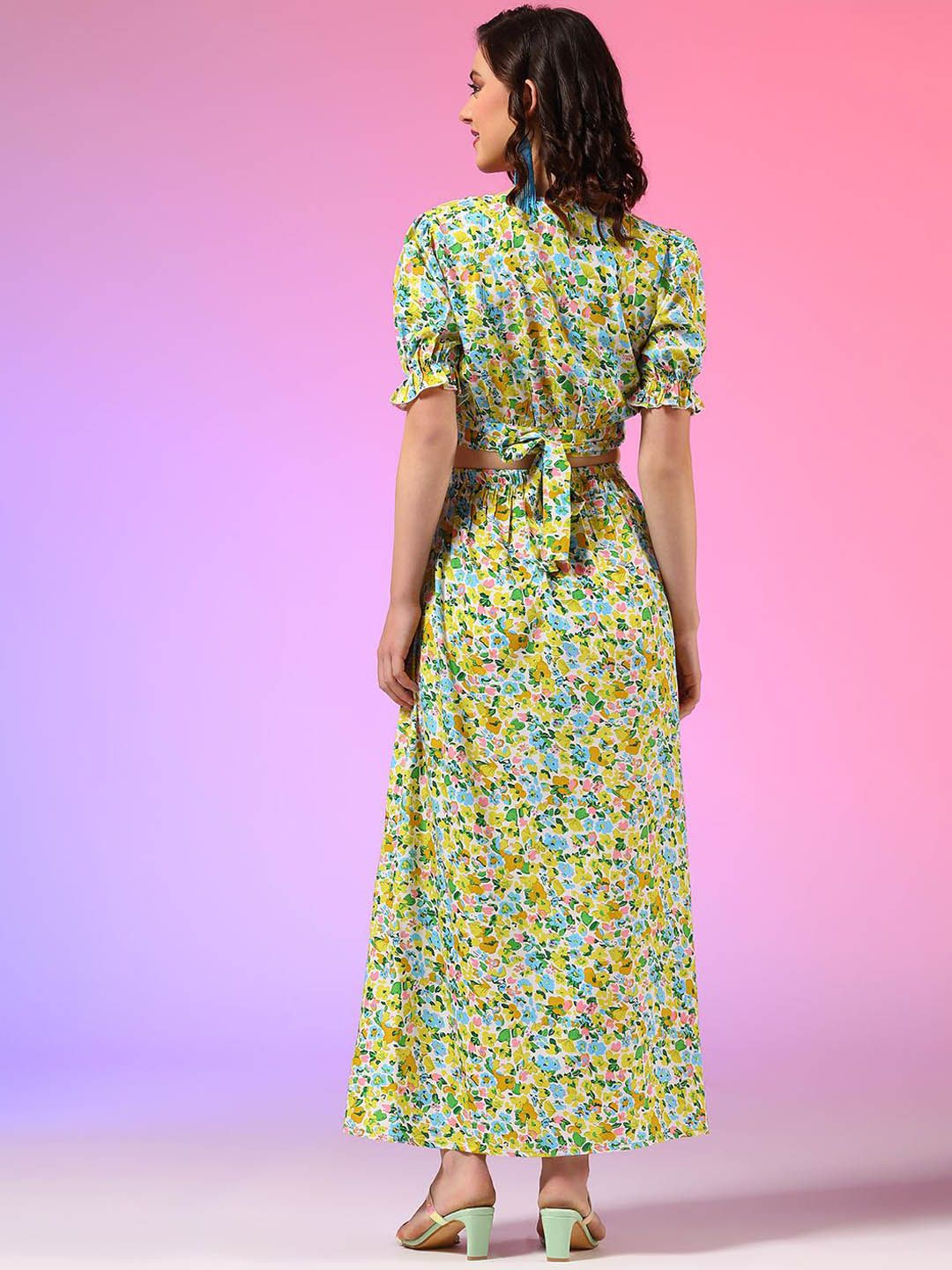 Kotty Yellow Floral Printed V-Neck Top With Skirt