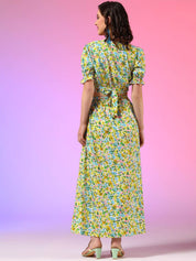 Kotty Yellow Floral Printed V-Neck Top With Skirt