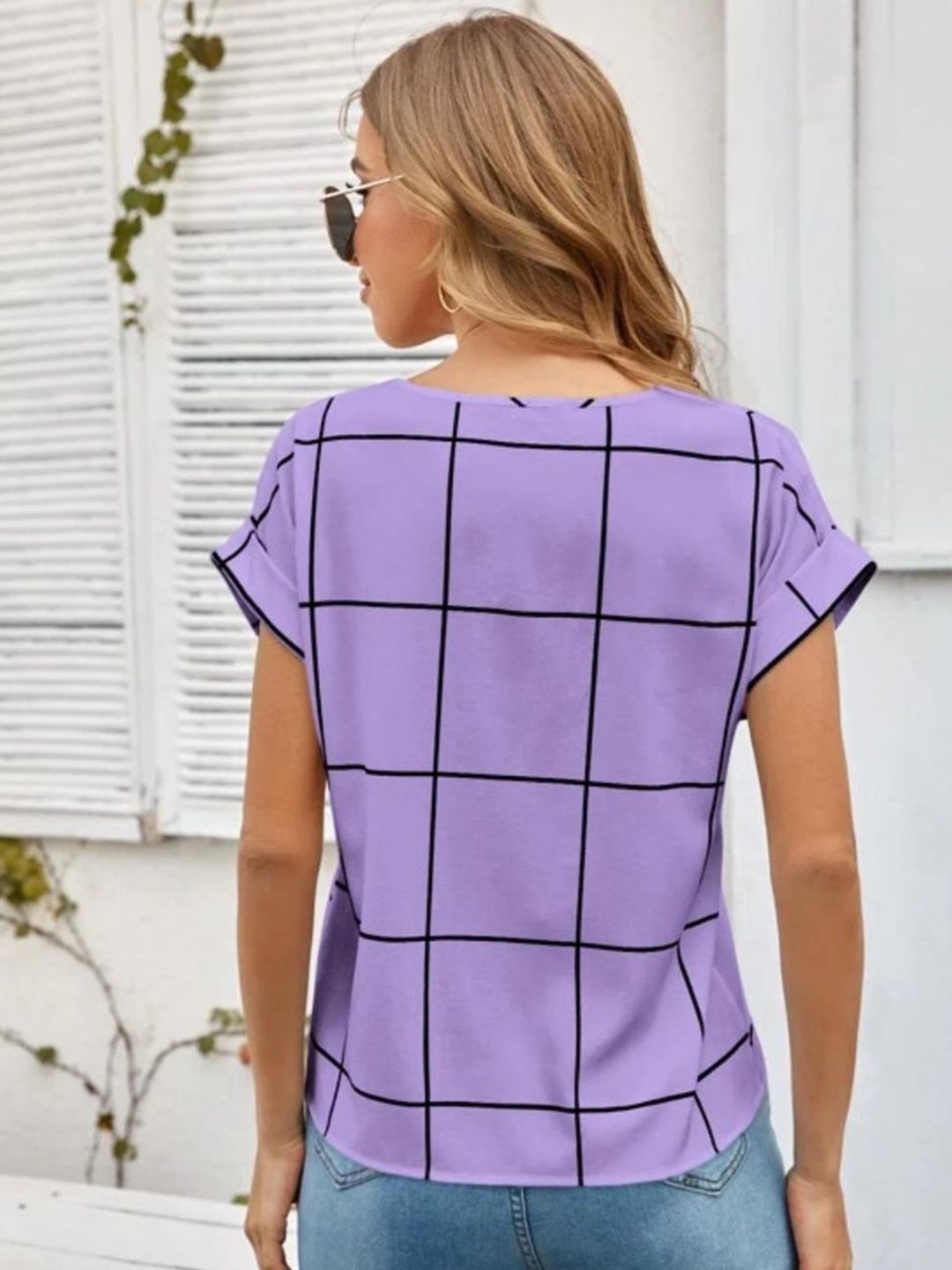 Kotty Purple Checked Extended Sleeves Regular Top