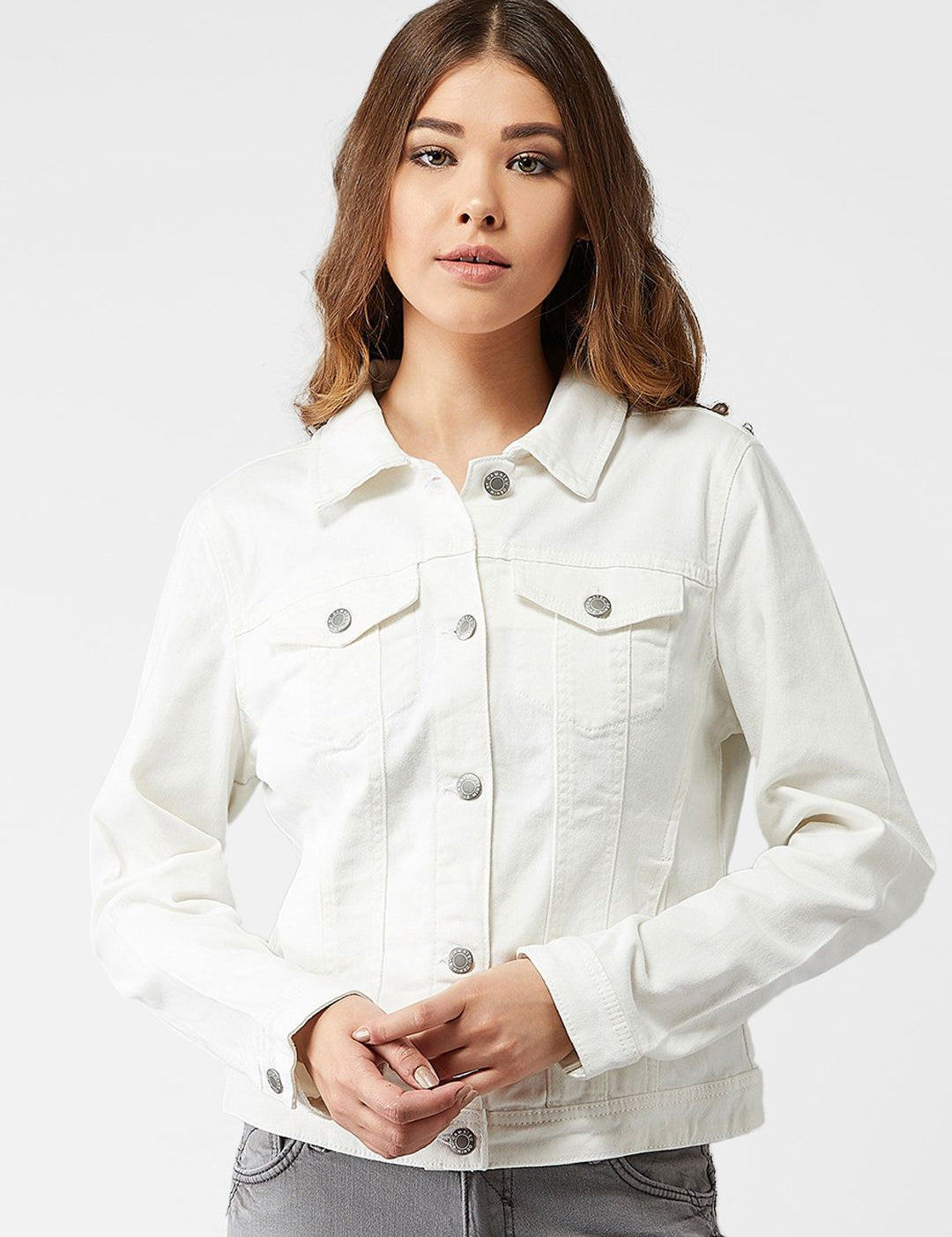 Kotty Women White Solid Denim Jacket