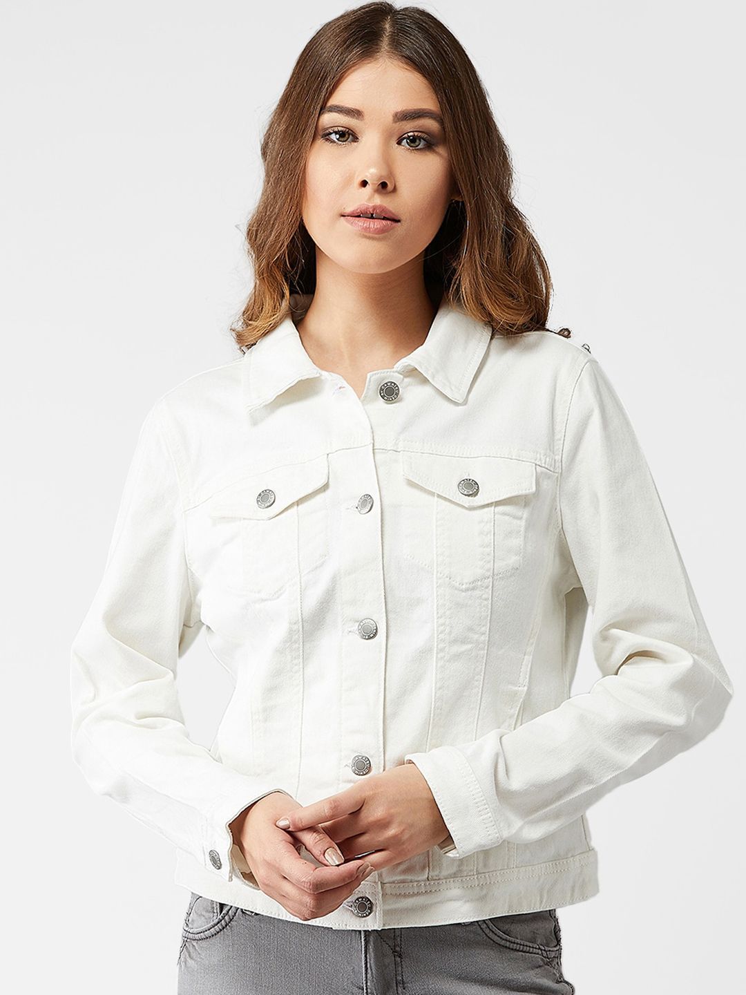 Kotty Women White Solid Denim Jacket