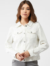 Kotty Women White Solid Denim Jacket