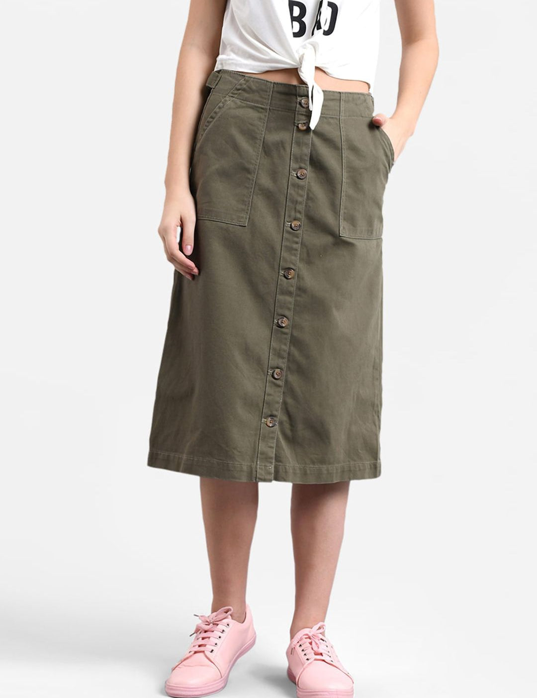 Kotty Women Olive Green Solid Midi A-Line Skirt