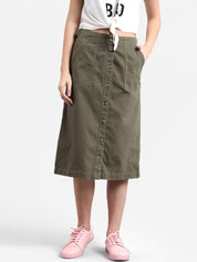 Kotty Women Olive Green Solid Midi A-Line Skirt