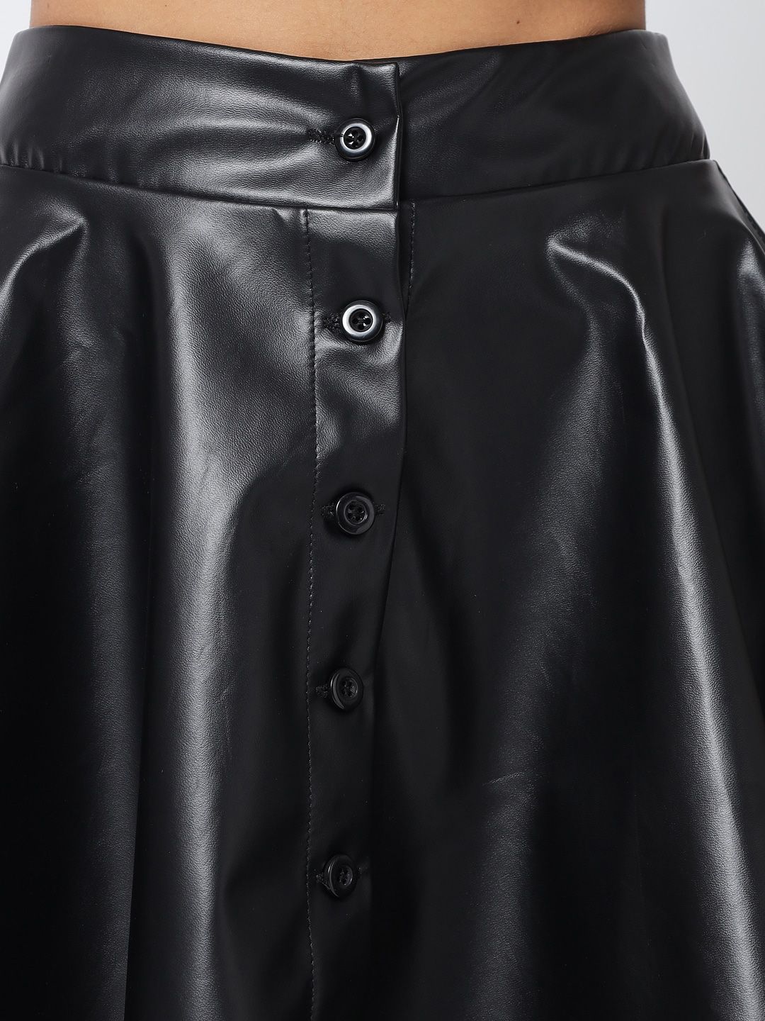 Kotty Women Black Solid Leather Flared Mini Skirt
