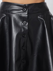 Kotty Women Black Solid Leather Flared Mini Skirt