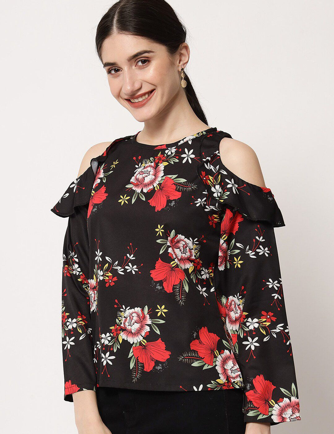 Kotty Round Neck Floral Print Cold-Shoulder Crepe Top