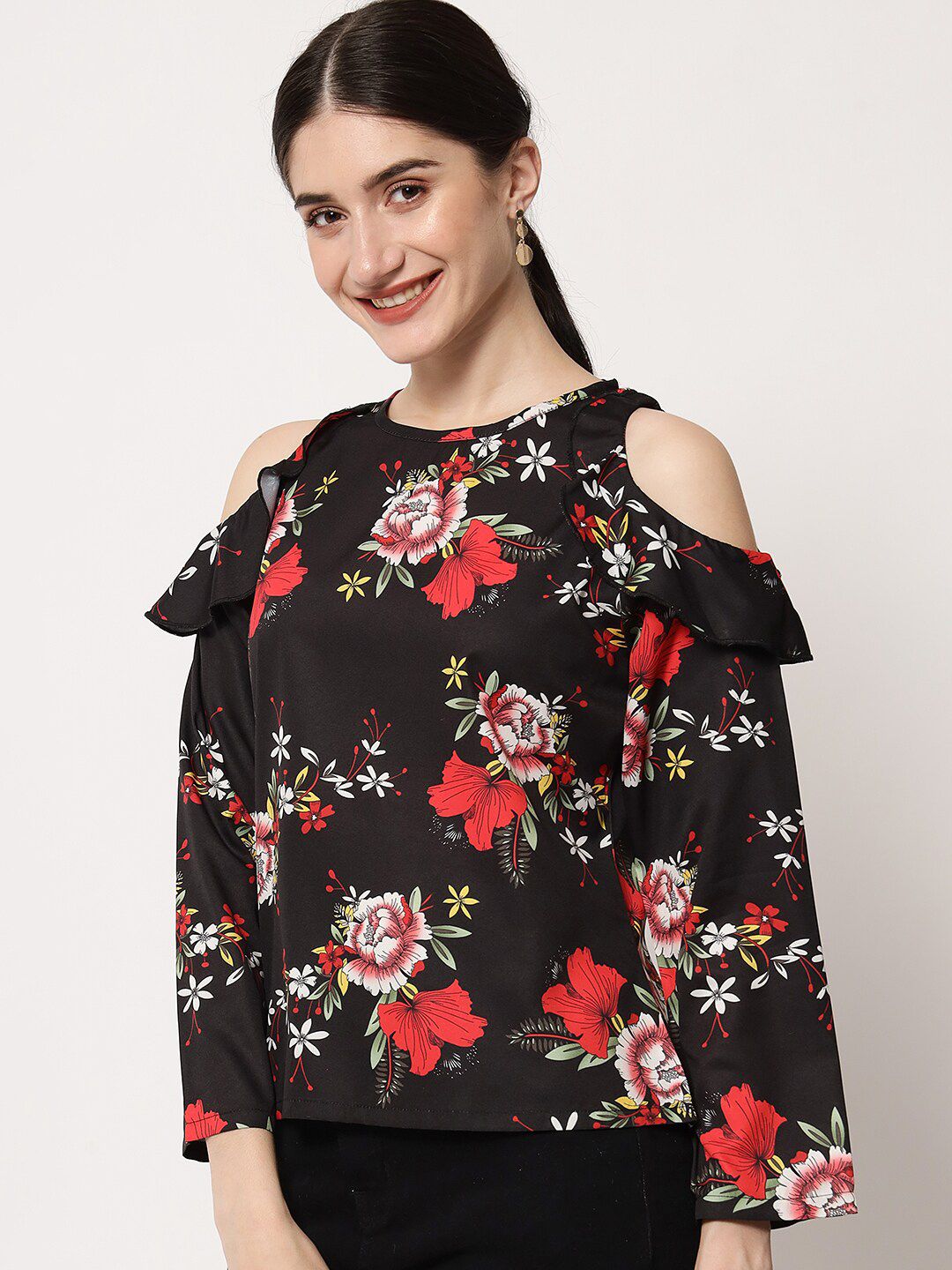 Kotty Round Neck Floral Print Cold-Shoulder Crepe Top