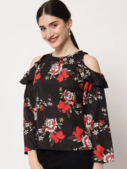 Kotty Round Neck Floral Print Cold-Shoulder Crepe Top
