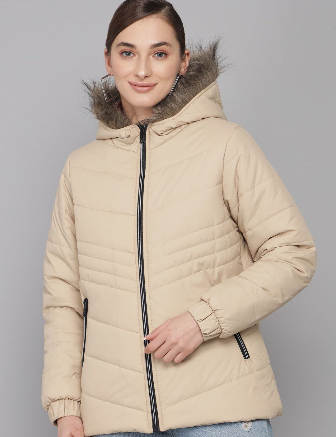 Kotty Women Beige Solid Longline Puffer Jacket