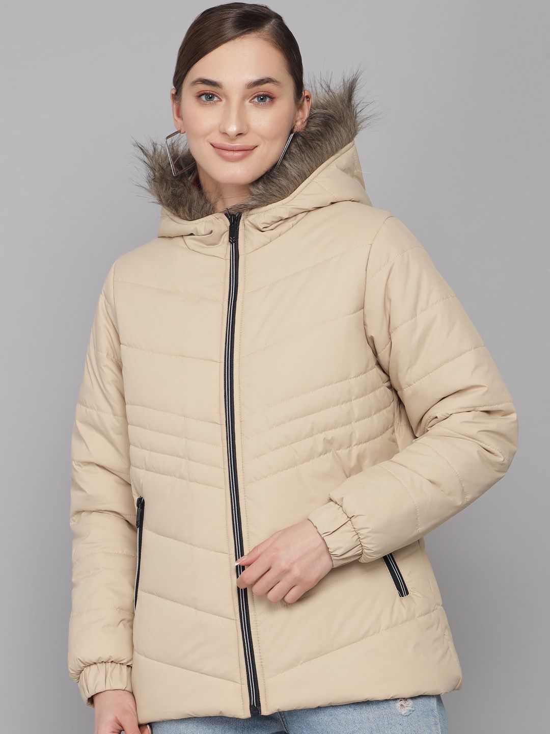Kotty Women Beige Solid Longline Puffer Jacket