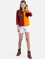 Kotty Women Maroon & Orange Colourblocked Round Neck T-shirt