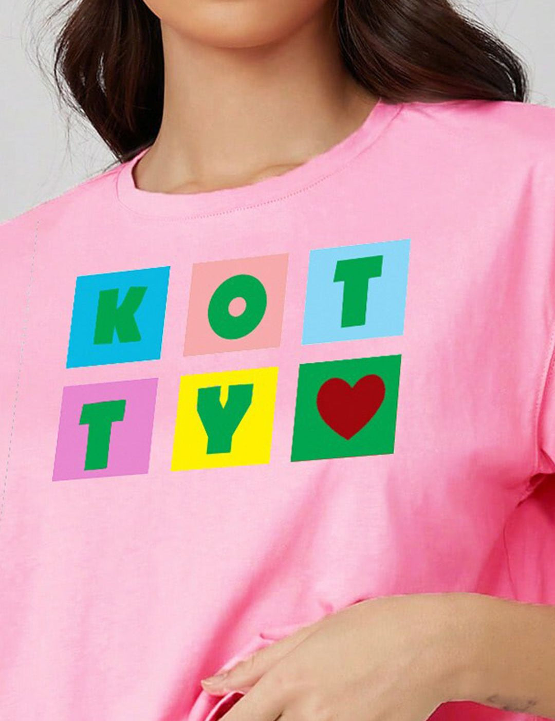 Kotty Pink Printed Round Neck Drop-Shoulder Sleeves Crop Oversized T-shirt