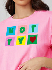 Kotty Pink Printed Round Neck Drop-Shoulder Sleeves Crop Oversized T-shirt