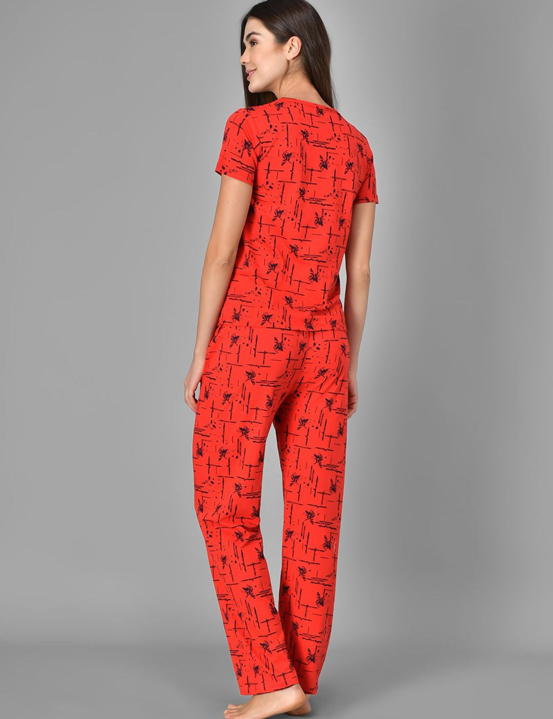 Kotty Women Red & Black Printed Night Suit