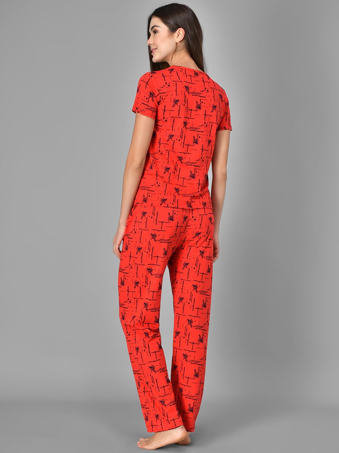 Kotty Women Red & Black Printed Night Suit