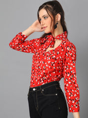 Kotty Red Floral Printed Tie-Up Neck Puff Sleeve Crepe Top