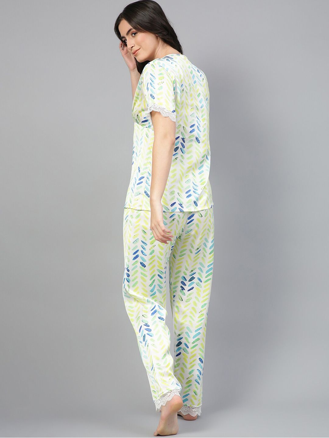 Kotty Blue & White Abstract Printed Satin Night Suit