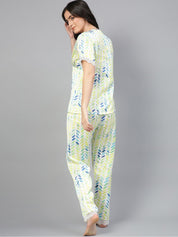 Kotty Blue & White Abstract Printed Satin Night Suit