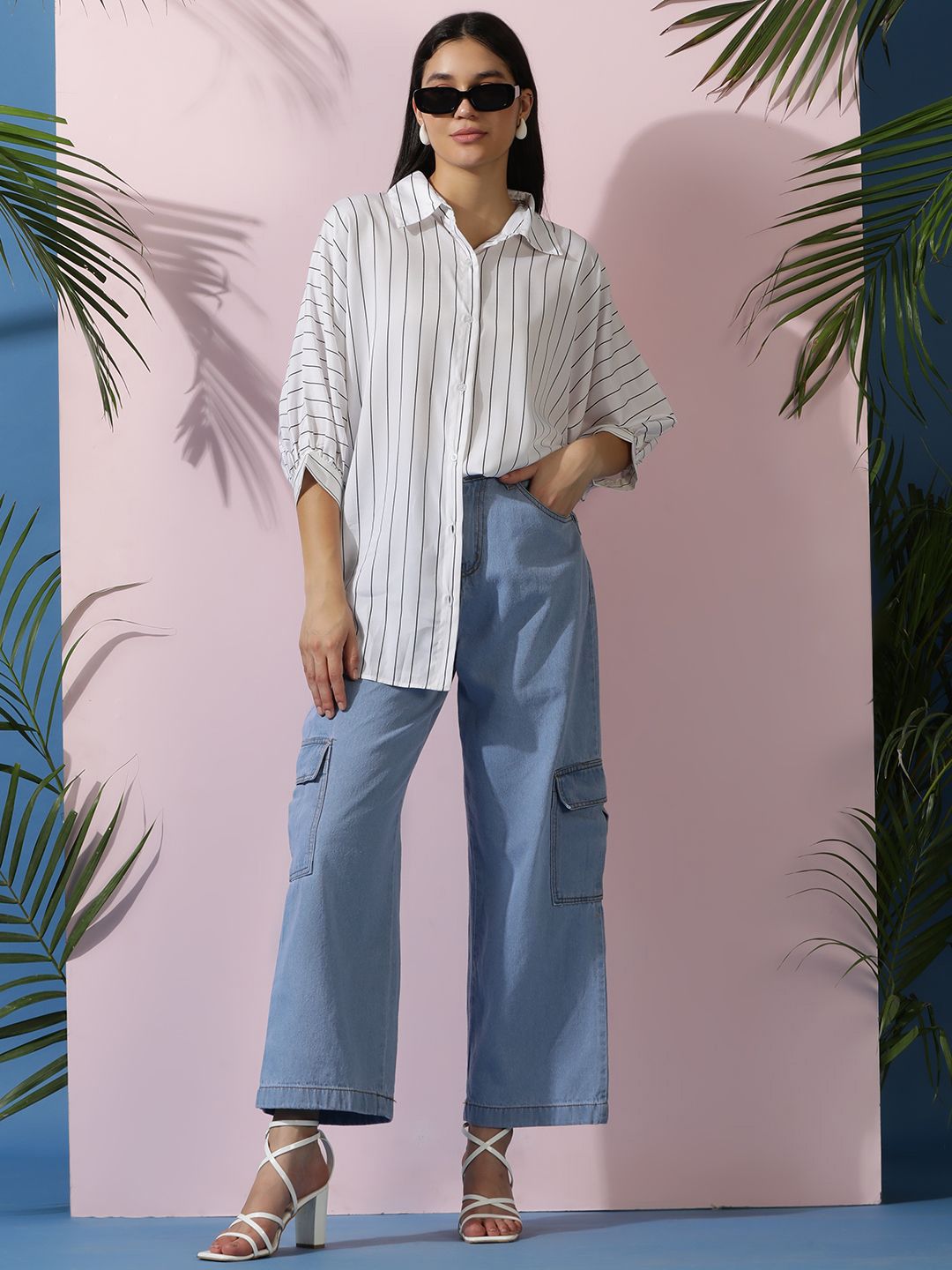 Kotty Women Comfort Spread Collar Vertical Striped Cotton Oversized Casual Shirt