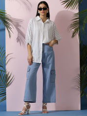 Kotty Women Comfort Spread Collar Vertical Striped Cotton Oversized Casual Shirt