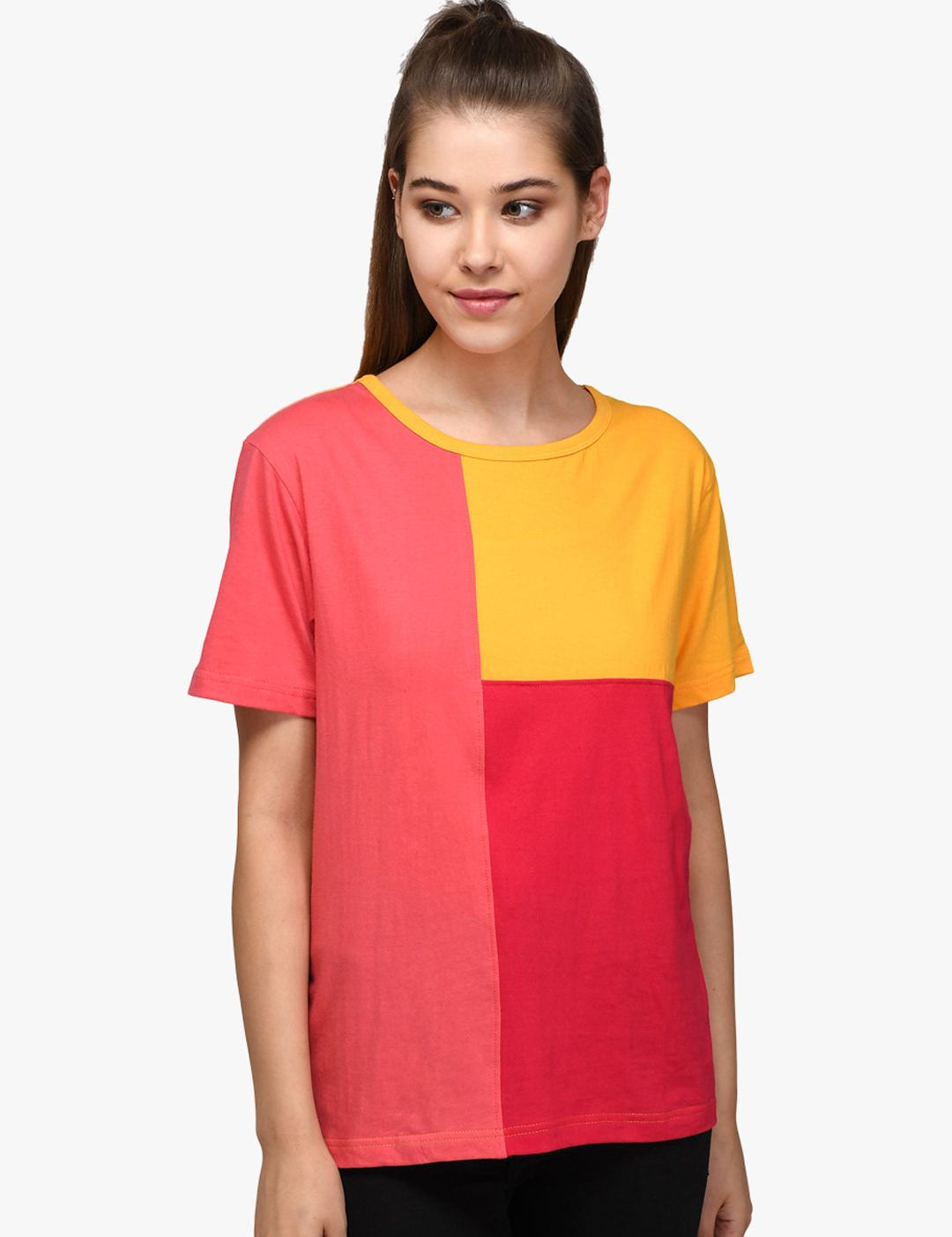 Kotty Women Yellow & Red Colourblocked Boat Neck T-shirt