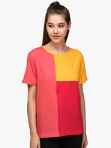 Kotty Women Yellow & Red Colourblocked Boat Neck T-shirt